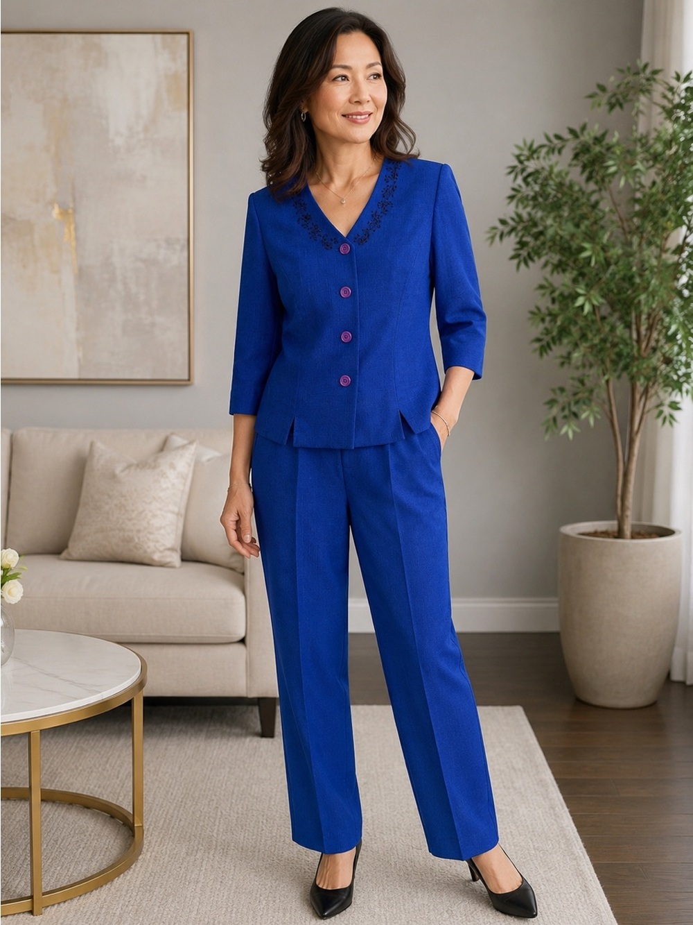 Sag Harbor Vintage Royal Blue Pants Suit Set Embroidered 10P